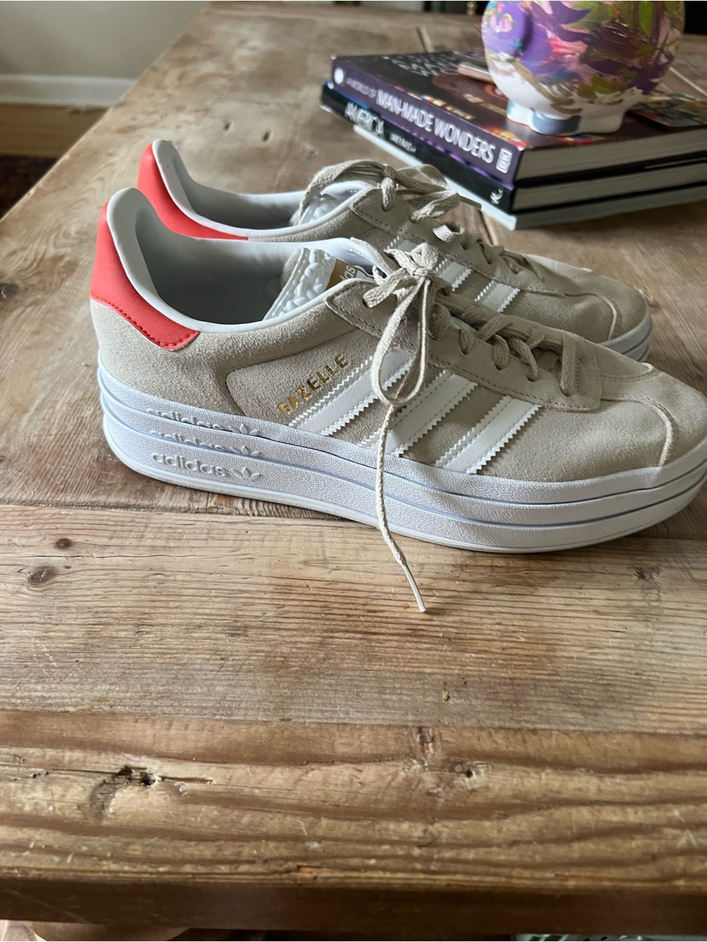adidas Beige Suede Platform Sneakers with White Stripes and Red Heel - Picture 6 of 13